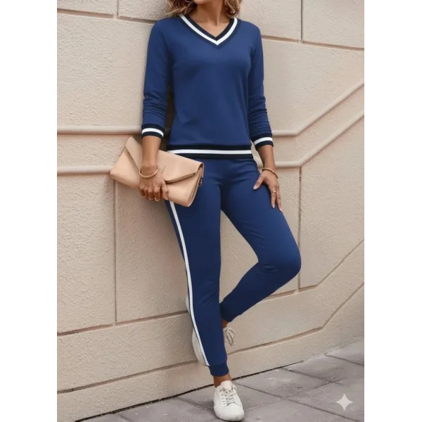 Kadın Uzun Kollu V Yakalı Ribanalı Viskon Iki Iplik Bluz Ve Pantolon Ikili Takım
