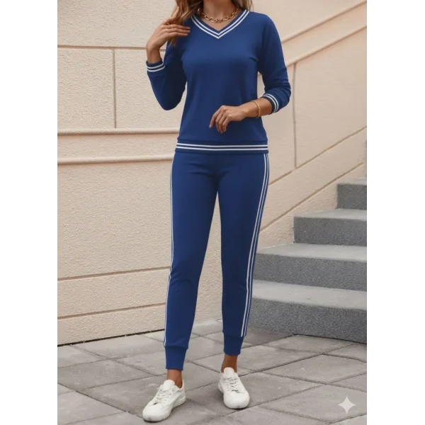 Kadın Uzun Kollu V Yakalı Ribanalı Viskon Iki Iplik Bluz Ve Pantolon Ikili Takım