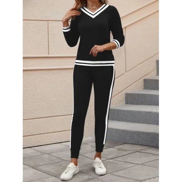 Kadın Uzun Kollu V Yakalı Ribanalı Viskon Iki Iplik Bluz Ve Pantolon Ikili Takım