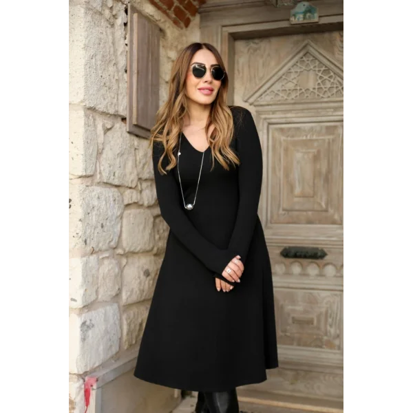 Kadın Uzun Kollu V Yakalı Salaş Midi Akrilik Elbise