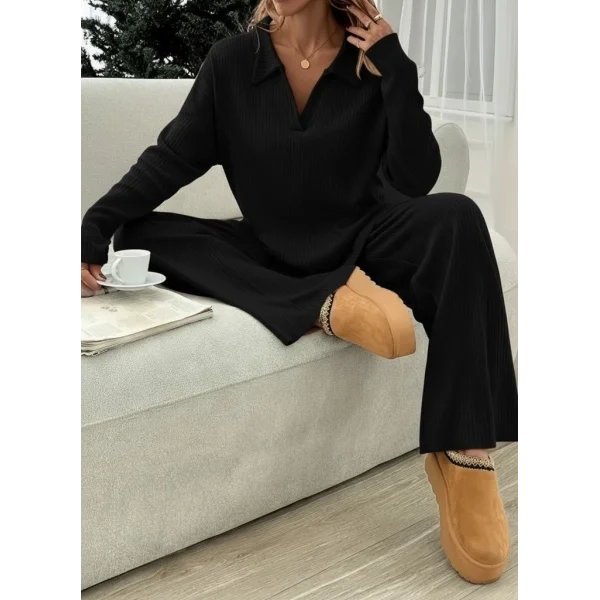 Kadın Uzun Kollu V Yakalı şardonlu Kaşkorse Bluz Ve Pantolon Ikili Takım