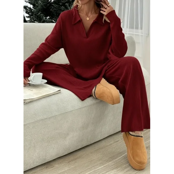 Kadın Uzun Kollu V Yakalı şardonlu Kaşkorse Bluz Ve Pantolon Ikili Takım