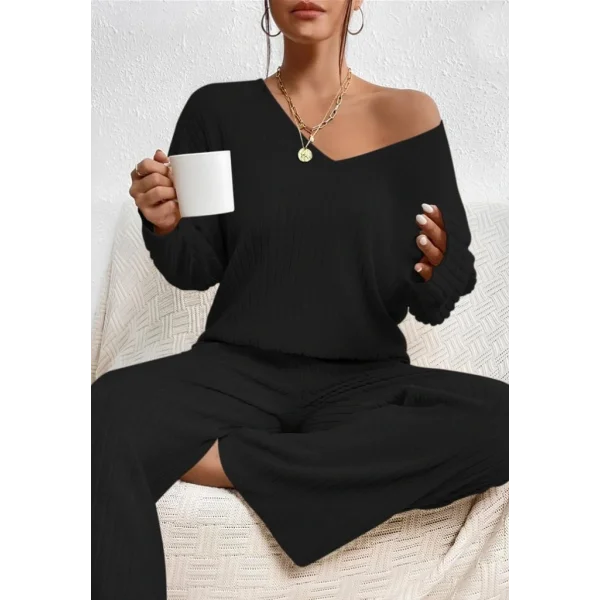 Kadın Uzun Kollu V Yakalı şardonlu Kaşkorse Bluz Ve Pantolon Ikili Takım