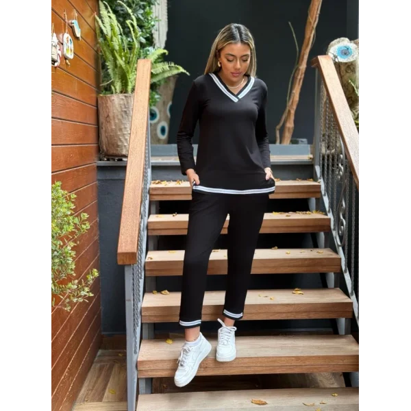 Kadın Uzun Kollu V Yakalı şerit Detay Alt Ve üst Viskon Iki Iplik Detay Ikili Takım