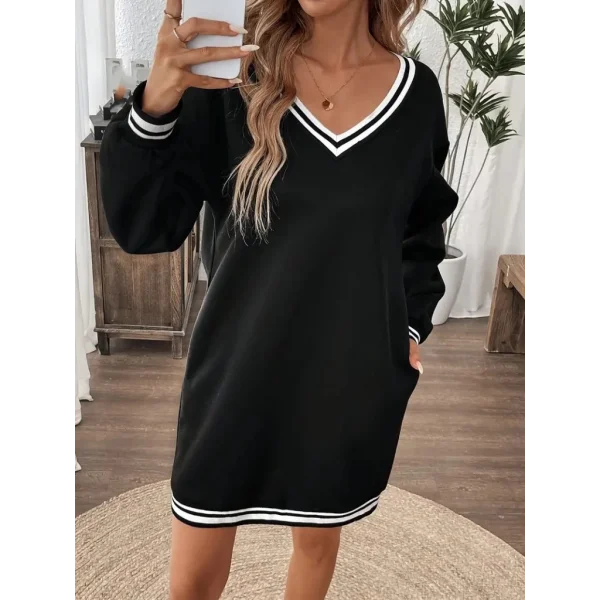 Kadın Uzun Kollu V Yakalı şerit Detaylı Kısa Viskon Iki Iplik Elbise