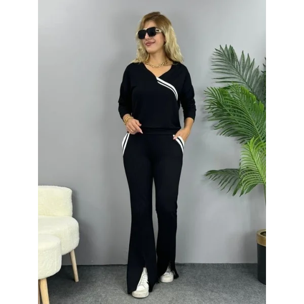 Kadın Uzun Kollu V Yakalı şerit Detaylı Viskon Iki Iplik Bluz Ve Pantolon Ikili Takım