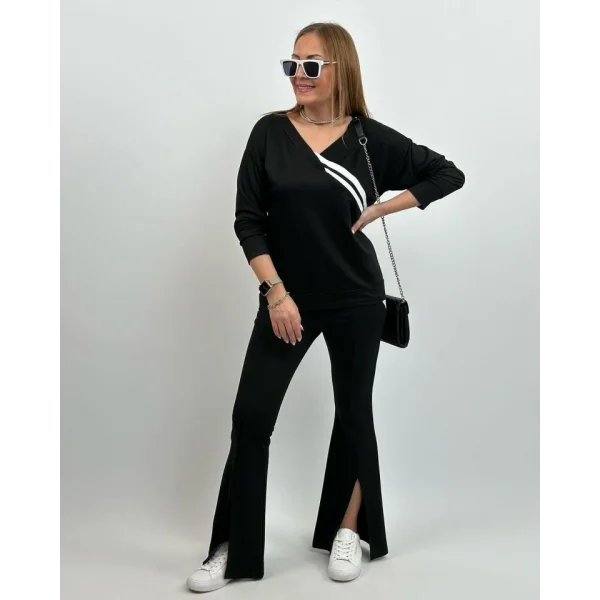 Kadın Uzun Kollu V Yakalı şerit Detaylı Viskon Iki Iplik Bluz Ve Pantolon Ikili Takım