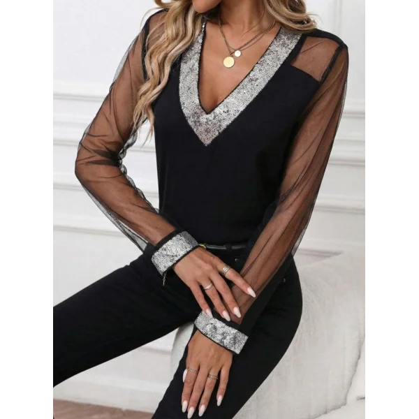 Kadın Uzun Kollu V Yakalı Tül Detaylı Ithal Krep Bluz