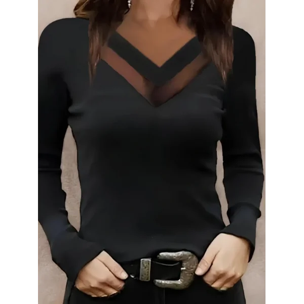 Kadın Uzun Kollu V Yakalı Tül Göğüs Dekolte Detaylı Viskon Bluz