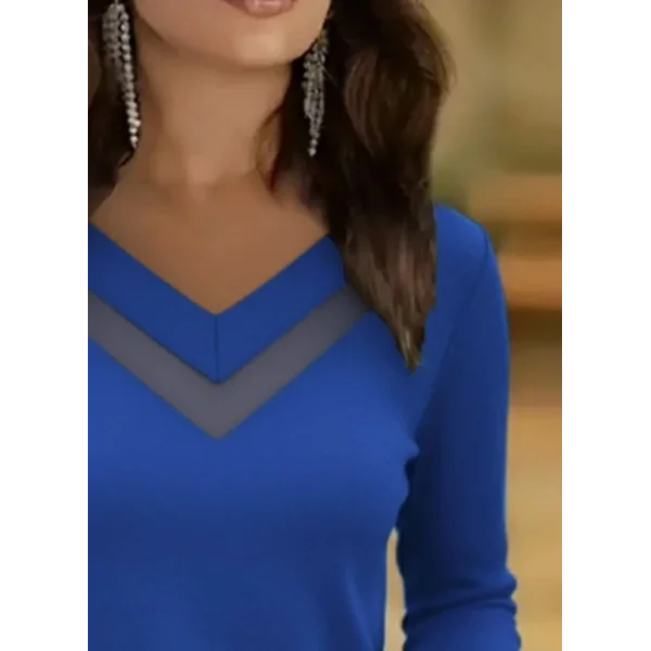 Kadın Uzun Kollu V Yakalı Tül Göğüs Dekolte Detaylı Viskon Bluz