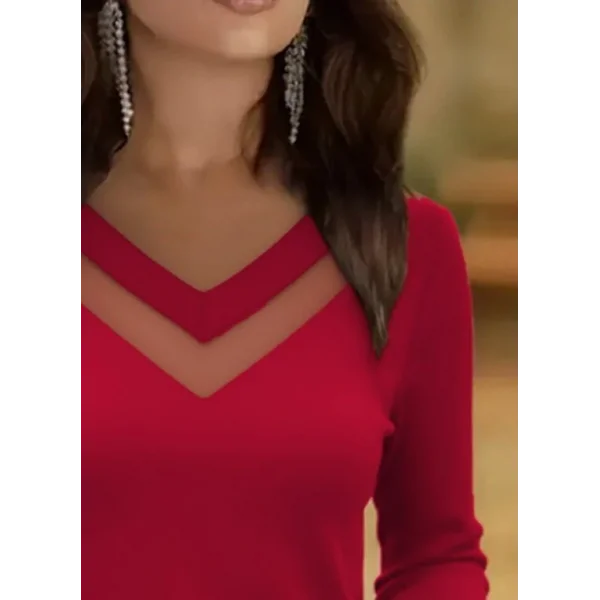 Kadın Uzun Kollu V Yakalı Tül Göğüs Dekolte Detaylı Viskon Bluz