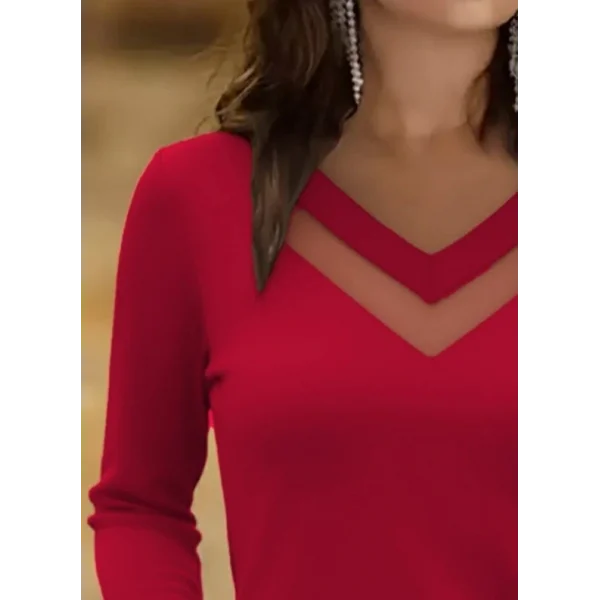 Kadın Uzun Kollu V Yakalı Tül Göğüs Dekolte Detaylı Viskon Bluz