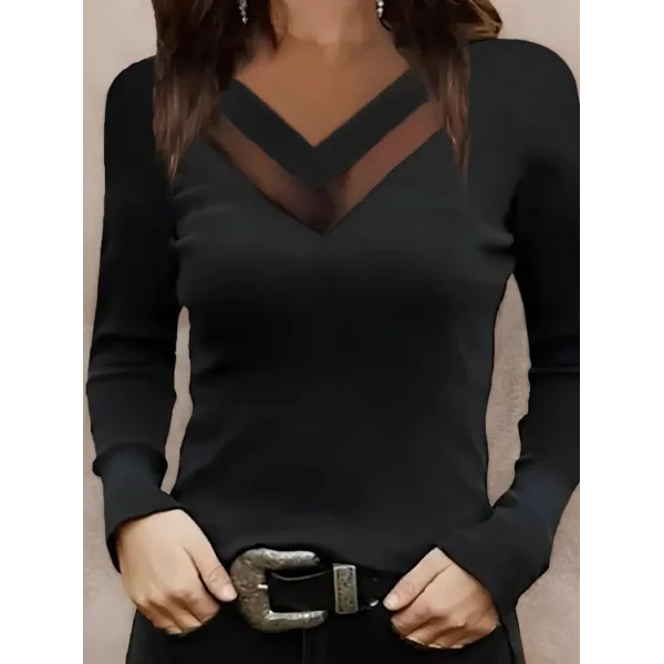 Kadın Uzun Kollu V Yakalı Tül Göğüs Dekolte Detaylı Viskon Bluz
