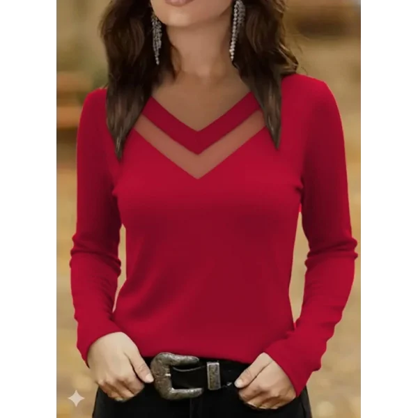 Kadın Uzun Kollu V Yakalı Tül Göğüs Dekolte Detaylı Viskon Bluz