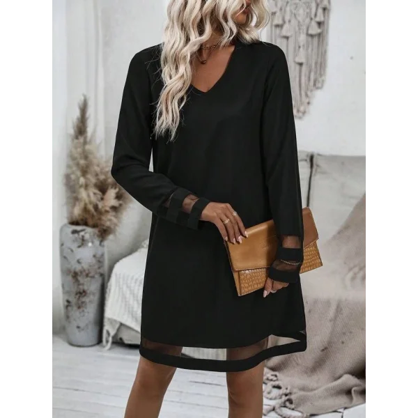 Kadın Uzun Kollu V Yakalı Tül şerit Detaylı Mini Krep Elbise