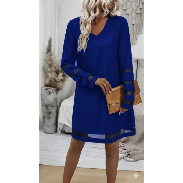 Kadın Uzun Kollu V Yakalı Tül şerit Detaylı Mini Krep Elbise