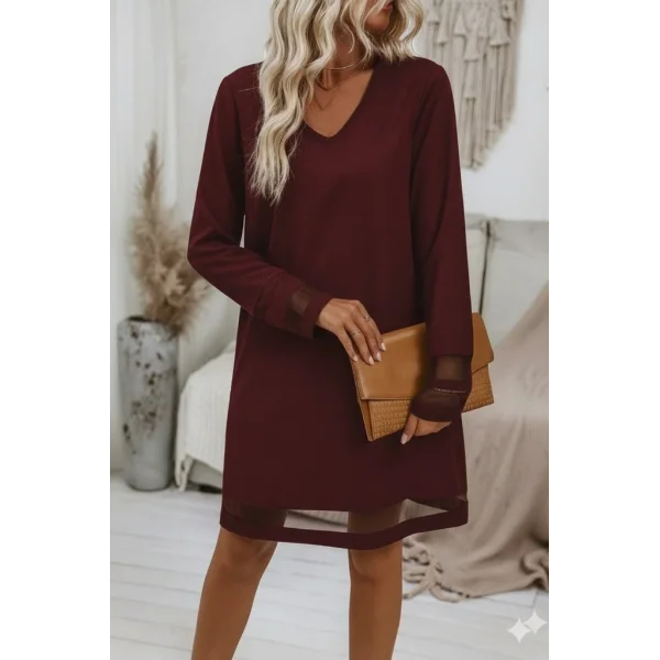 Kadın Uzun Kollu V Yakalı Tül şerit Detaylı Mini Krep Elbise