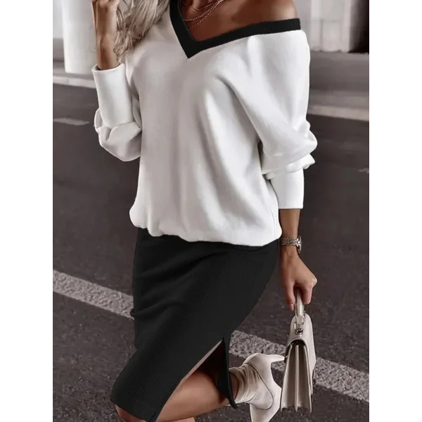 Kadın Uzun Kollu V Yakalı Viskon Iki Iplik Bluz Ve Mini Etek Ikili Takım