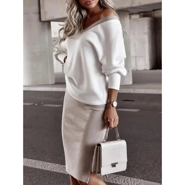Kadın Uzun Kollu V Yakalı Viskon Iki Iplik Bluz Ve Mini Etek Ikili Takım