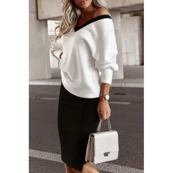 Kadın Uzun Kollu V Yakalı Viskon Iki Iplik Bluz Ve Mini Etek Ikili Takım