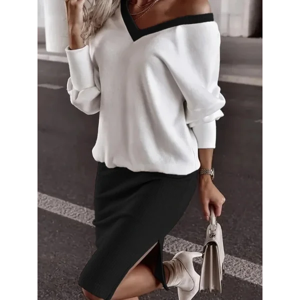 Kadın Uzun Kollu V Yakalı Viskon Iki Iplik Bluz Ve Mini Etek Ikili Takım