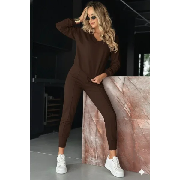 Kadın Uzun Kollu V Yakalı Viskon Iki Iplik Bluz Ve Pantolon Ikili Takım