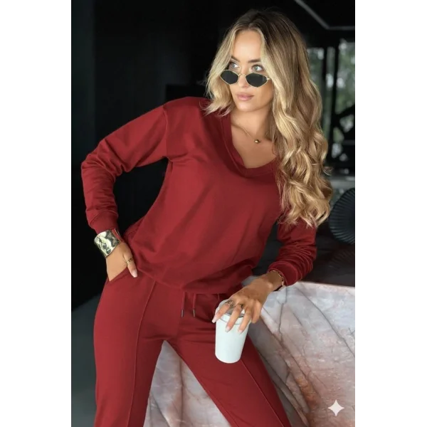 Kadın Uzun Kollu V Yakalı Viskon Iki Iplik Bluz Ve Pantolon Ikili Takım