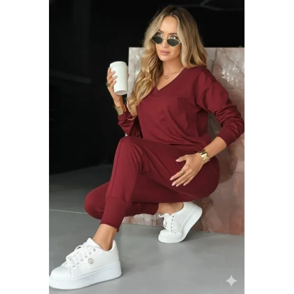 Kadın Uzun Kollu V Yakalı Viskon Iki Iplik Bluz Ve Pantolon Ikili Takım