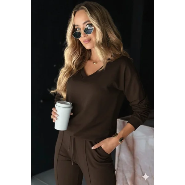 Kadın Uzun Kollu V Yakalı Viskon Iki Iplik Bluz Ve Pantolon Ikili Takım