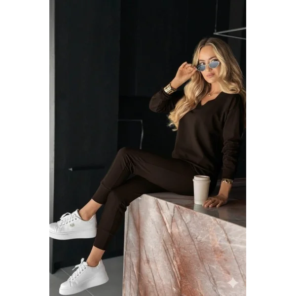 Kadın Uzun Kollu V Yakalı Viskon Iki Iplik Bluz Ve Pantolon Ikili Takım