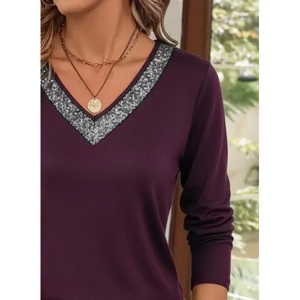 Kadın Uzun Kollu V Yakalı Viskon Mürdüm Bluz