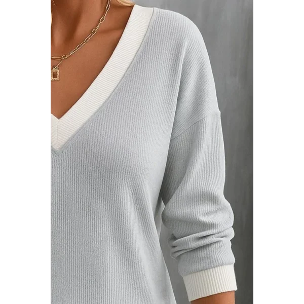 Kadın Uzun Kollu V Yakalı Waffle Bluz