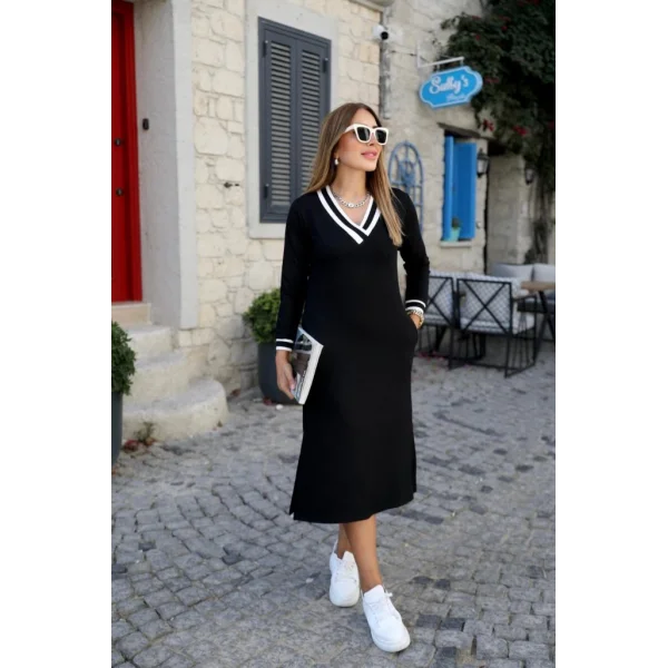 Kadın Uzun Kollu V Yakalı Yandan Yırtmaçlı Iki Iplik Midi Elbise
