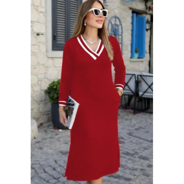 Kadın Uzun Kollu V Yakalı Yandan Yırtmaçlı Iki Iplik Midi Elbise
