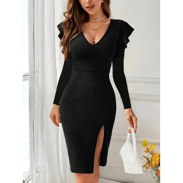 Kadın Uzun Kollu V Yakalı Yandan Yırtmaçlı Midi Ithal Krep Elbise