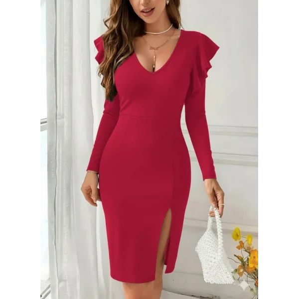 Kadın Uzun Kollu V Yakalı Yandan Yırtmaçlı Midi Ithal Krep Elbise