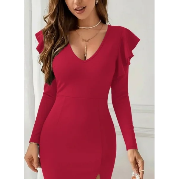 Kadın Uzun Kollu V Yakalı Yandan Yırtmaçlı Midi Ithal Krep Elbise