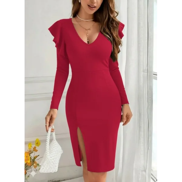 Kadın Uzun Kollu V Yakalı Yandan Yırtmaçlı Midi Ithal Krep Elbise