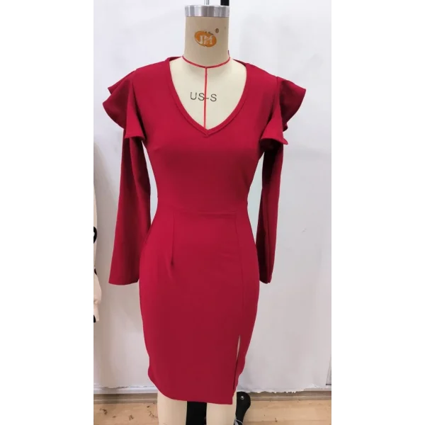 Kadın Uzun Kollu V Yakalı Yandan Yırtmaçlı Midi Ithal Krep Elbise