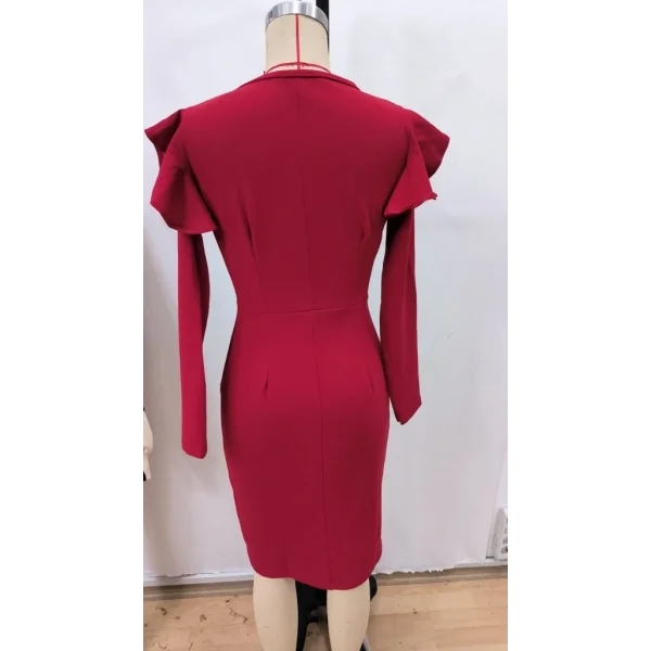 Kadın Uzun Kollu V Yakalı Yandan Yırtmaçlı Midi Ithal Krep Elbise