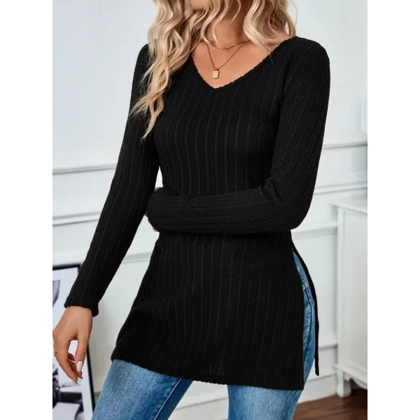 Kadın Uzun Kollu V Yakalı Yandan Yırtmaçlı şardonlu Kaşkorse Bluz