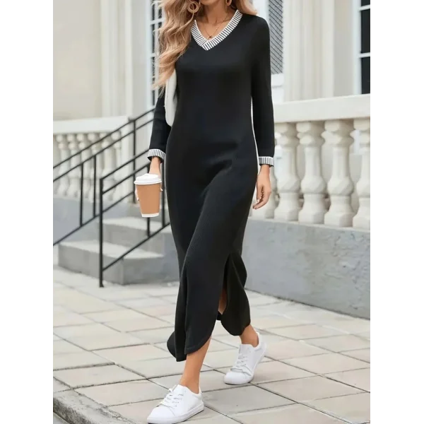 Kadın Uzun Kollu V Yakalı Yanlardan Yırtmaçlı Uzun Viskon Iki Iplik Elbise