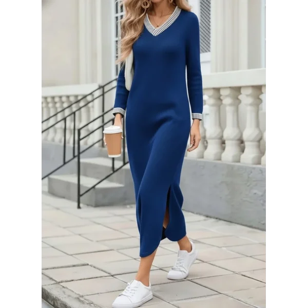 Kadın Uzun Kollu V Yakalı Yanlardan Yırtmaçlı Uzun Viskon Iki Iplik Elbise