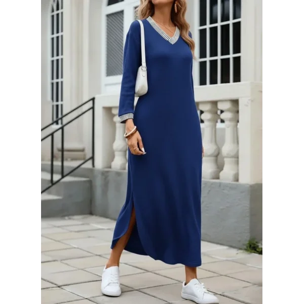 Kadın Uzun Kollu V Yakalı Yanlardan Yırtmaçlı Uzun Viskon Iki Iplik Elbise