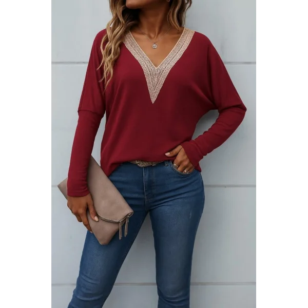 Kadın Uzun Kollu V Yakalı Yarasa Kollu Viskon Bluz