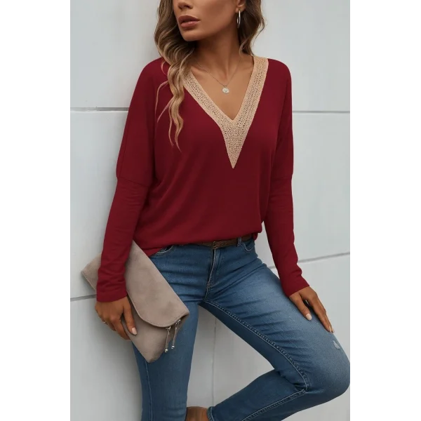 Kadın Uzun Kollu V Yakalı Yarasa Kollu Viskon Bluz
