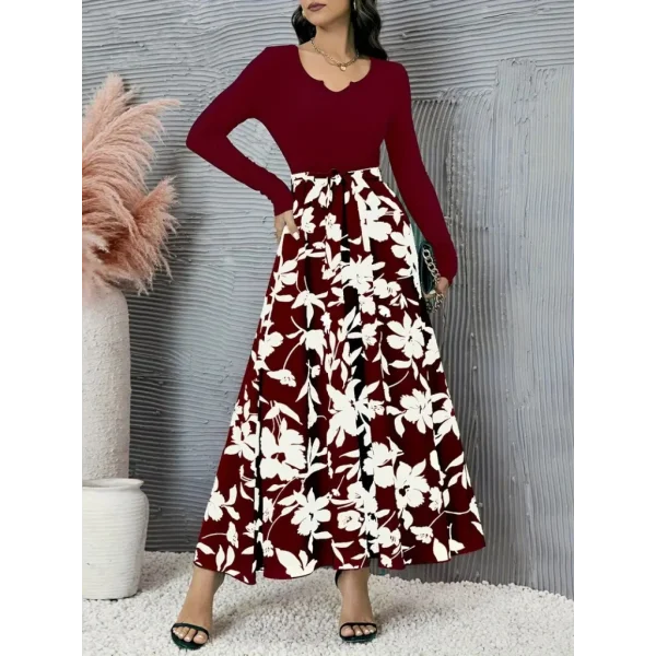 Kadın Uzun Kollu Yaka Açık üst Kaşkorse Beli Kuşaklı Alt çiçek Baskılı Dalgıç Elbise
