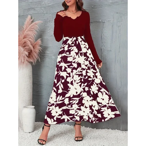 Kadın Uzun Kollu Yaka Açık üst Kaşkorse Beli Kuşaklı Alt çiçek Baskılı Dalgıç Elbise