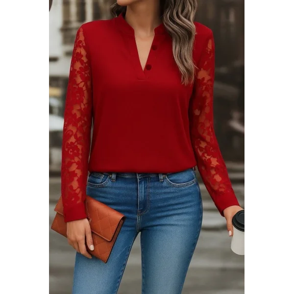 Kadın Uzun Kollu Yaka Düğme Detay Güpürlü Kol Krep Bluz