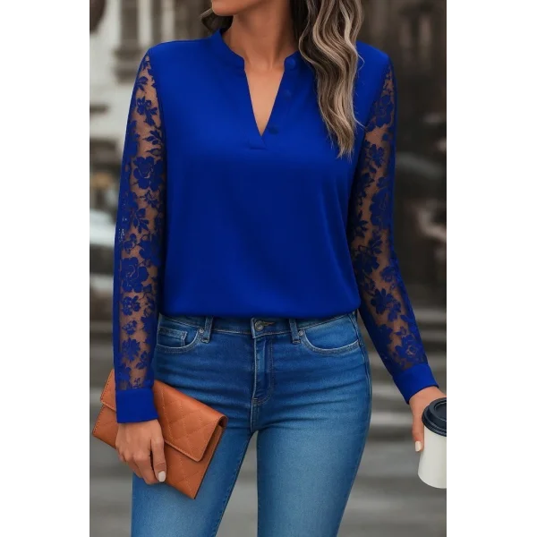 Kadın Uzun Kollu Yaka Düğme Detay Güpürlü Kol Krep Bluz